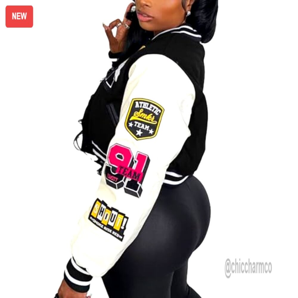 Cropped Varsity Bomber Jacket, Polyester, Button … - image 2